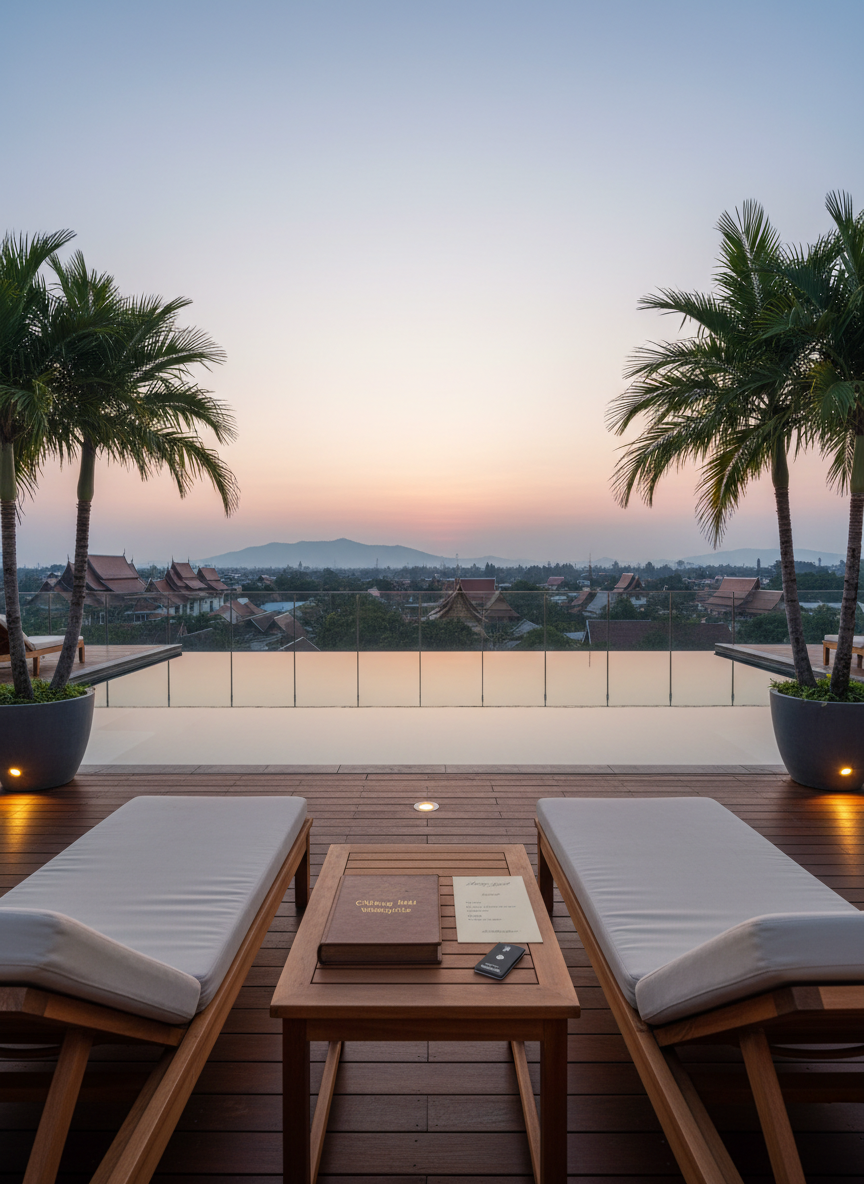 A serene rooftop infinity pool at a luxury Chiang Mai hotel, the water perfectly still and reflecting the pastel colors of an early evening sky. In the foreground, a reserved lounge area features a low teak table with a closed leather-bound wedding guidebook, a slim itinerary card, and a keycard in a minimalist holder. Lush potted palms flank the seating, while in the distance, the soft silhouettes of Chiang Mai’s old city and mountain range are visible. Photographic realism with a wide-angle composition at eye level, warm ambient lighting from discrete poolside fixtures, and a tranquil, sophisticated mood that suggests relaxation between wedding events.