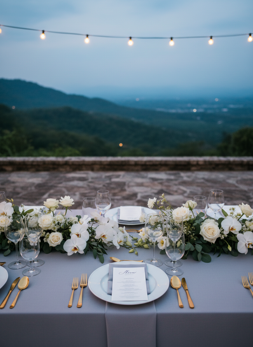 A photographic close-up of an elegantly set outdoor wedding dinner table on a terrace overlooking Chiang Mai’s verdant hills. The table is dressed in a smooth dove-gray linen cloth, with fine white porcelain plates, crystal-clear stemware, and brushed gold cutlery aligned precisely. At each setting lies a folded menu and itinerary card, printed on thick cotton paper. Low floral arrangements in white and soft green, using orchids and foliage, run along the center. Overhead, warm string lights cast a gentle glow as twilight deepens, creating delicate highlights on glass and metal. Shot at a slightly elevated angle with shallow depth of field, the atmosphere feels intimate, sophisticated, and celebratory.