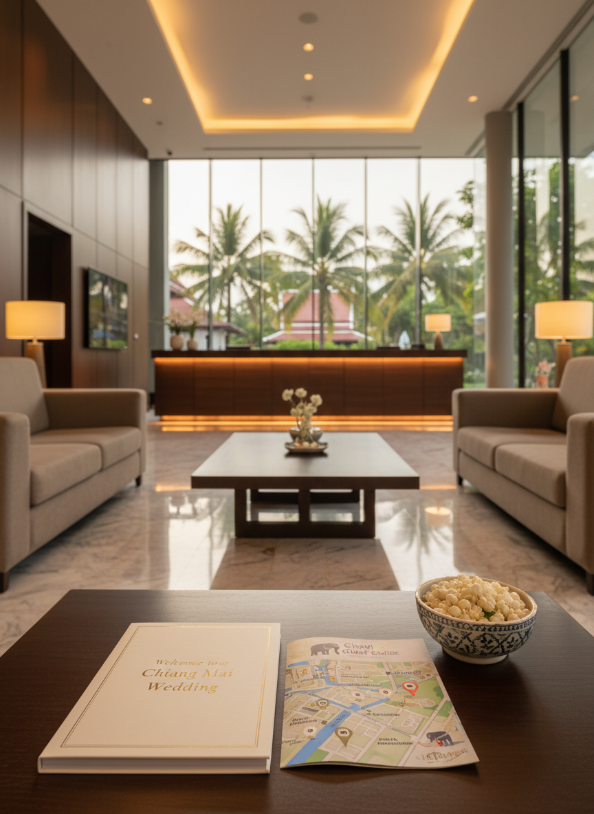 A polished, contemporary Chiang Mai hotel lobby rendered in photographic realism: marble floors with subtle veining, low-profile taupe sofas, and a sleek dark-wood reception desk. On a central coffee table rests a neatly arranged collection of wedding weekend essentials: a printed welcome booklet, a small map highlighting key venues and attractions, and a delicate ceramic bowl filled with white jasmine flowers. Tall floor-to-ceiling windows reveal a hint of tropical greenery outside. Soft, warm interior lighting combines with late afternoon natural light, creating a calm, inviting glow. Captured from a slightly elevated angle, with balanced composition and moderate depth of field, the mood is sophisticated, orderly, and welcoming, ideal for showcasing recommended accommodation for wedding guests.